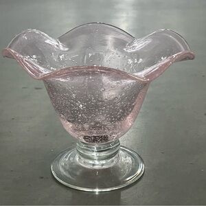 Vintage Hand Blown Bullicante Pink Bowl With Air Bubbles and Clear Pedestal